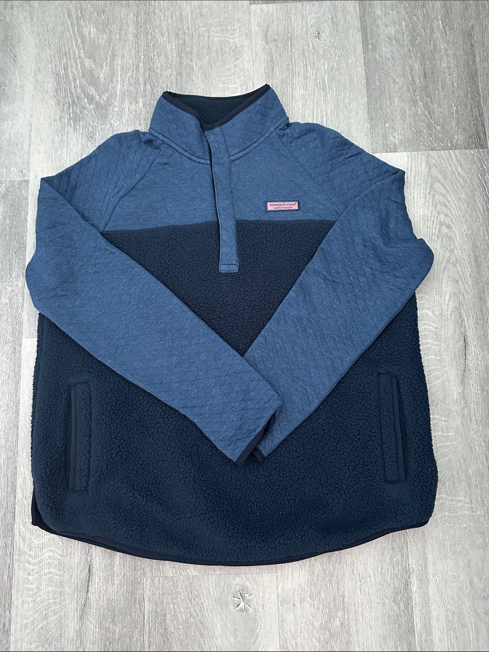 Vineyard Vines Mix Media Two-Tone Navy and Blue Quarter Zip Pullover  medium
